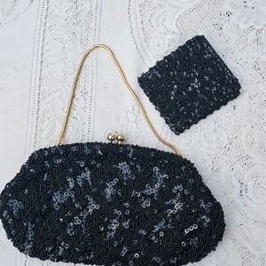 Vintage Bon Soir‎ Beaded Sequin Purse Clutch/Matching Wallet